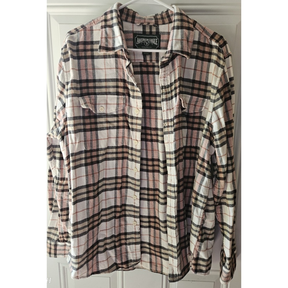 American Eagle Flannel Shirt Women's Large Pink Plaid Button Front Soft...